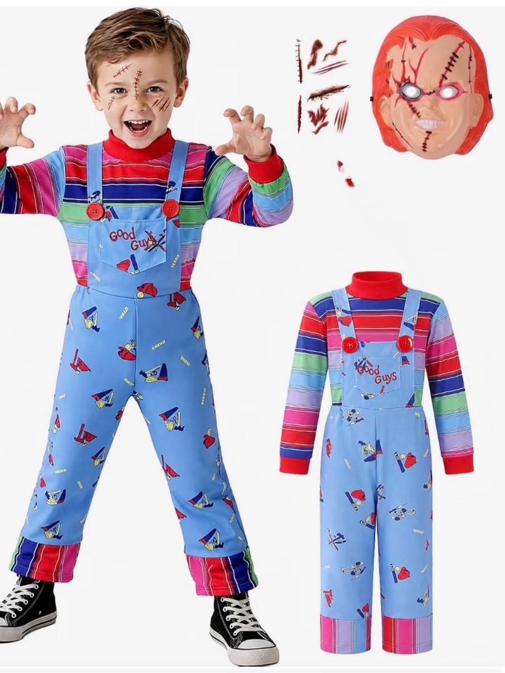 Kids Blue 'Good Guys' Overalls Costume with Striped Shirt and Mask